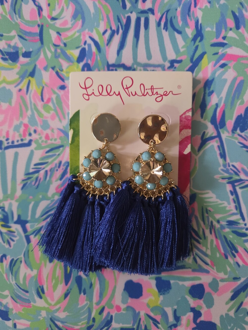 NWT Lilly Pulitzer Blue Tassel Earrings with Turquoise/Aqua-colored Stones